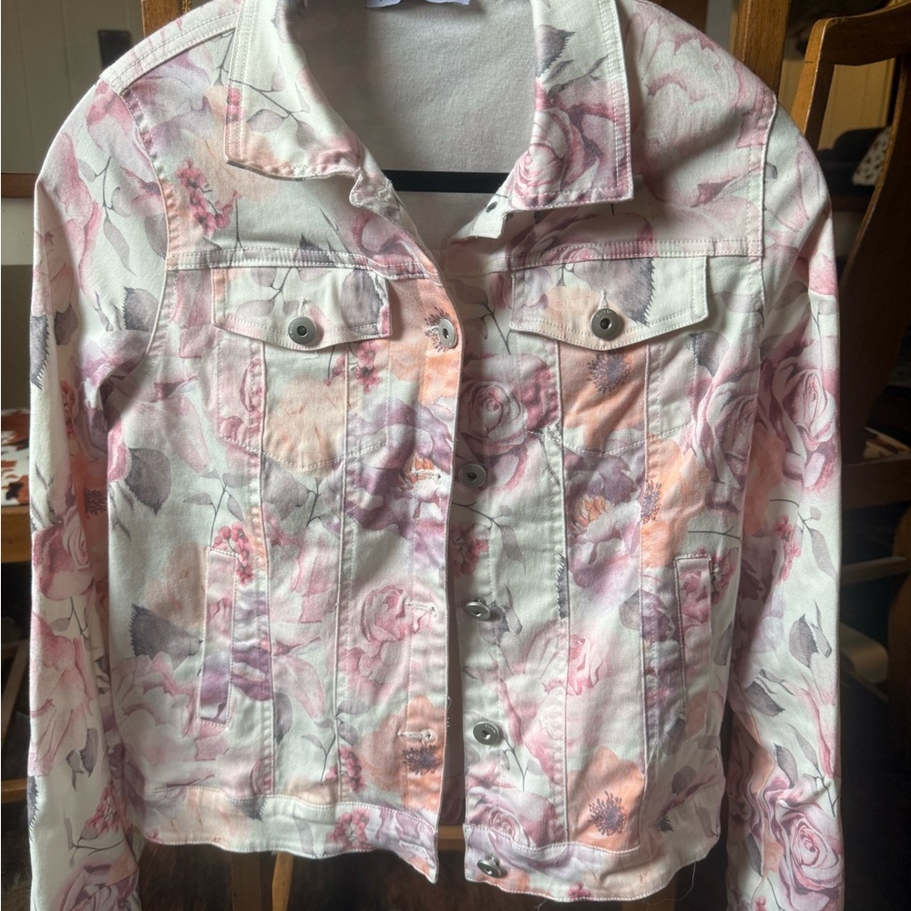 KEREN hart Pink and Cream Floral Jean Jacket